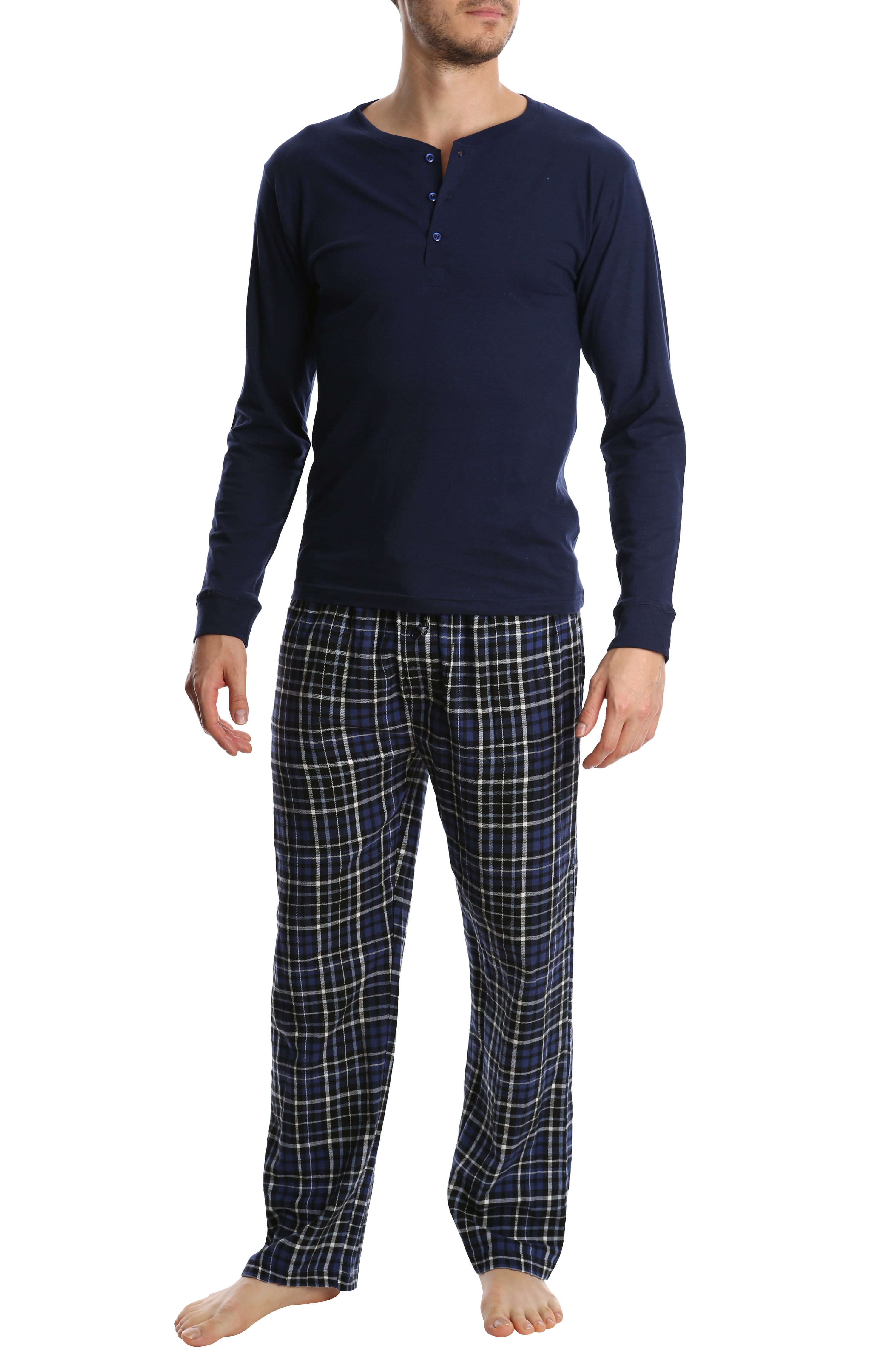 Mens Winter Pyjamas Sets Ultra Soft Henley Long Sleeve Top & Flannel Checked Bottoms Fleece Pyjamas for Men Loungewear PJs Sleepwear