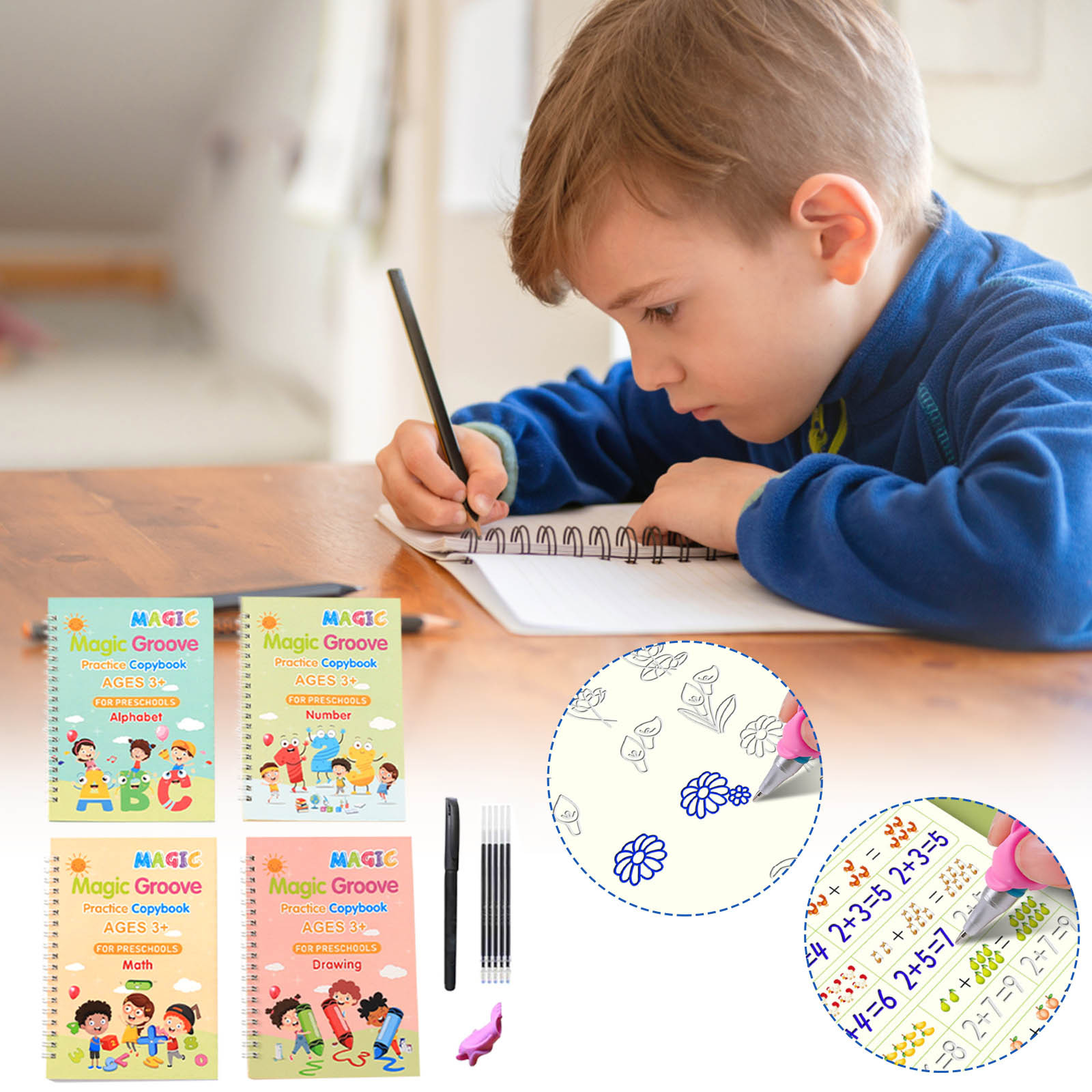 Lingouzi 4pc Children's Magic Copybooks,Handwriting Practice for Kids,Dry Erase Markers,Calligraphy Pens for Back to School,Reused Handwriting