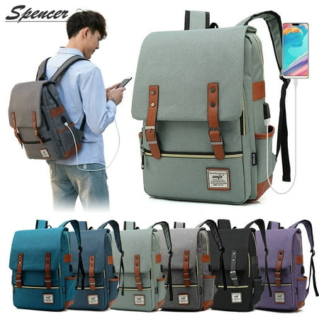 Spencer Women Men Vintage Canvas Laptop Backpack Shoulder Travel Daypack Rucksack Computer School Bag with USB Charging Port (Peacock Blue,16.9 * 11.4 * 5.3 (Best Laptop Backpack Uk)