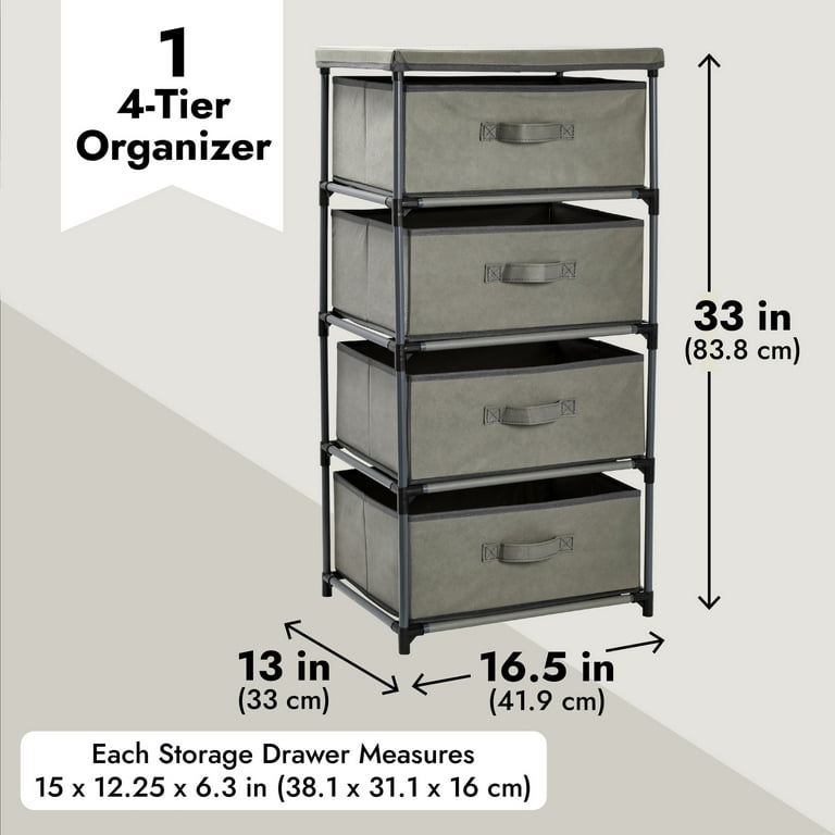 4-Tier Drawer Dresser for Bedroom, Clothes Organizer, Fabric Storage Tower  for Clothing, Linens, Closet, Easy Assembly, Durable Materials (Light Gray,  Tall, 16.5x13.2x33.4 in) 