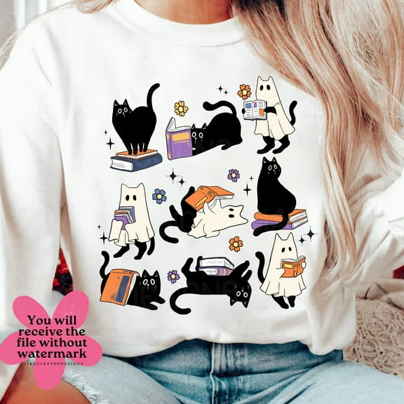 Halloween Ghost Cat T-Shirt, Cat and Book SweatShirt, Spooky Cat Lover SweatShirt, Witchy Cat Halloween Shirt for Women