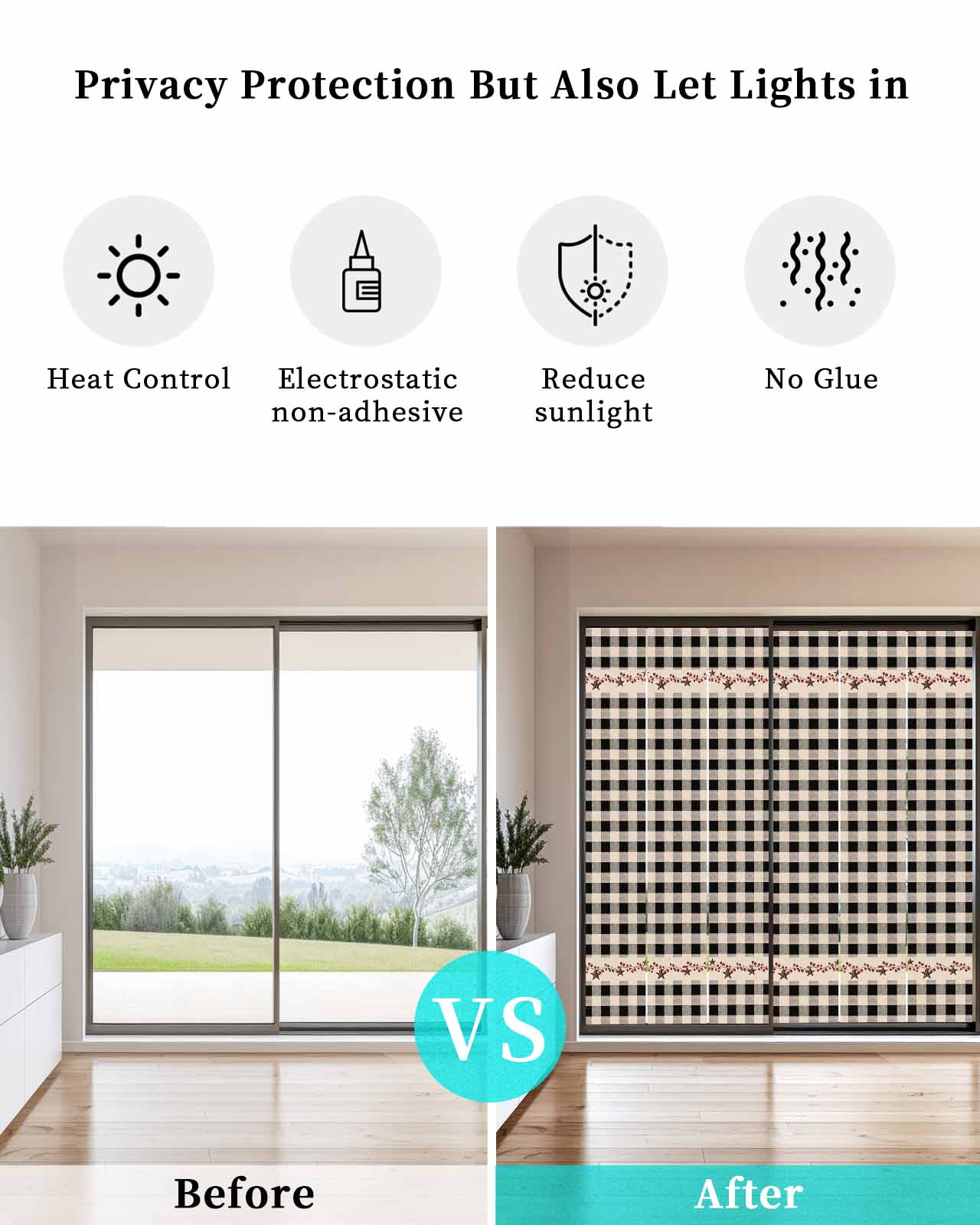 Window Privacy Film Country Star Plaid Stained Glass Window Film Decorative Sun Block Window Cover Black Retro American Farm Barn Berry Window Clings Static Adhesive Sticker for Bathroom 17.7"x39.3"