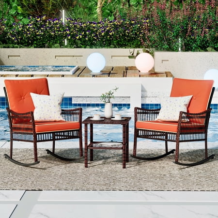 3 pieces patio furniture set  outdoor rocking chairs set of 2  wicker conversation sets porch chairs with side table for patio?orange?