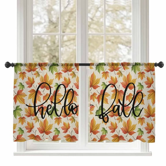Sheer Curtains 45 inches Long, Hello Fall Fall Maple Leaf Thanksgiving Vintage Linen Light Filtering Sheer Window Curtains Rod Pocket Voile Drapes for Bedroom Living Room, 52"W x 45"L 2 Panels