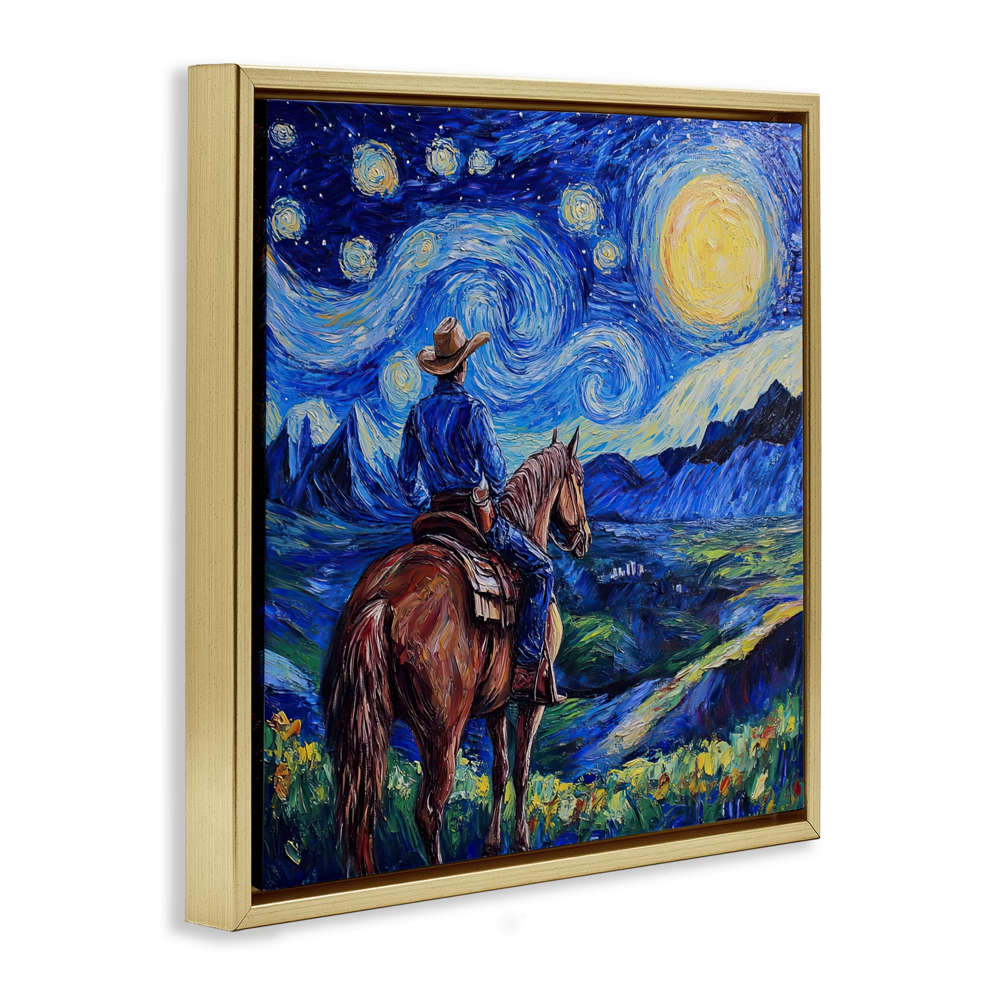 Stupell Industries Starry Night Cowboy Gold Framed Floater Canvas Wall Art, design by Tina LeCour