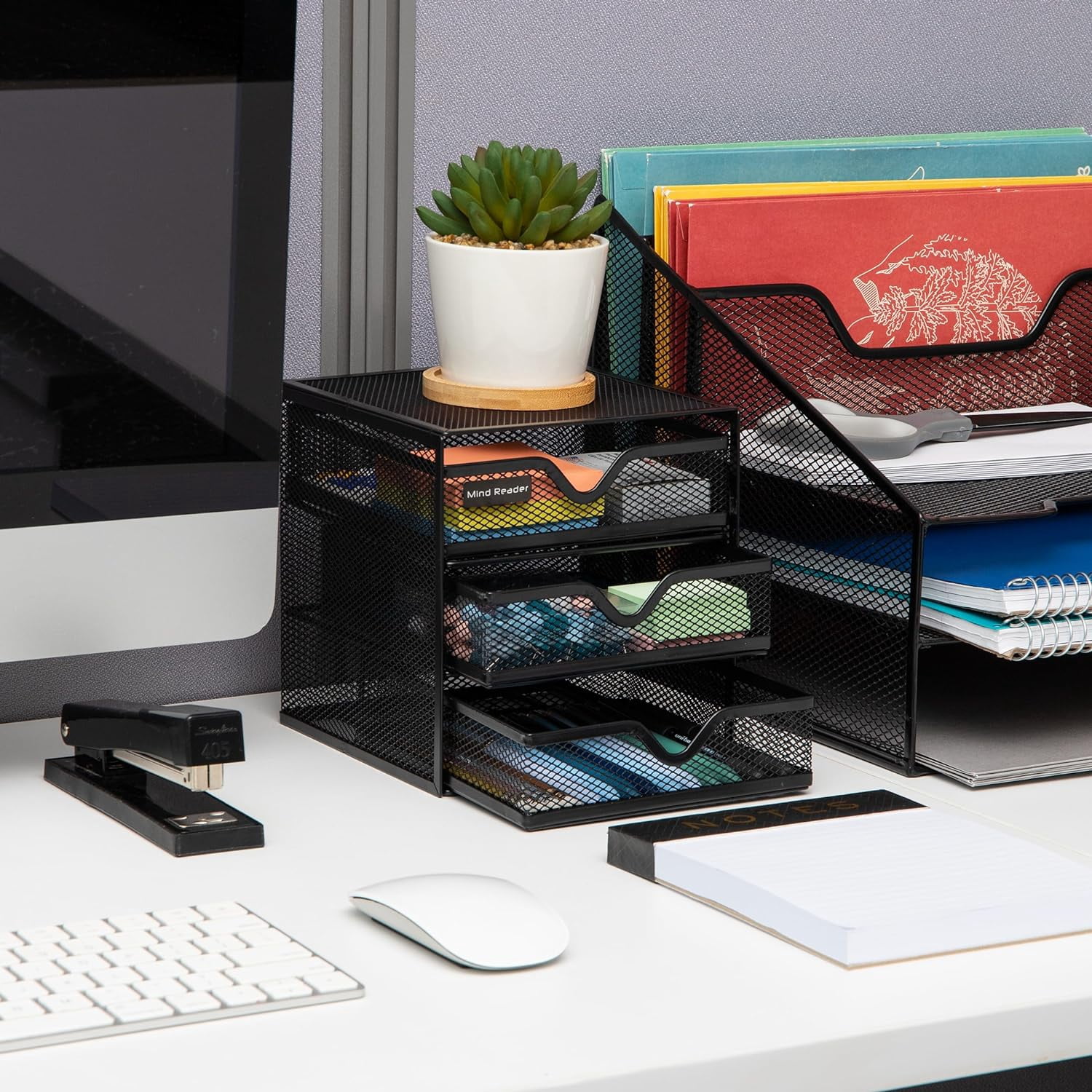 Desktop Accessory Storage, Desk Supplies, Organizer, Office, Metal Mesh, 6.25" L x 6.5" W x 6.5" H, Black