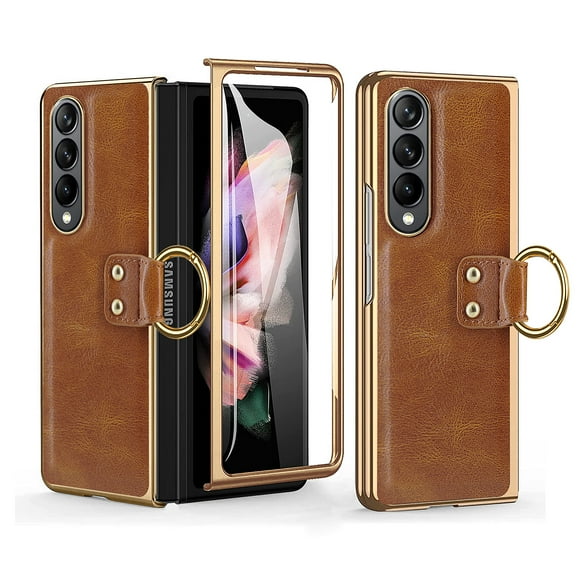 For Samsung Galaxy Z Fold 4 Built-in Screen Protector & Ring Kickstand Soft Leather Protective Cover Electroplated Frame Shell
