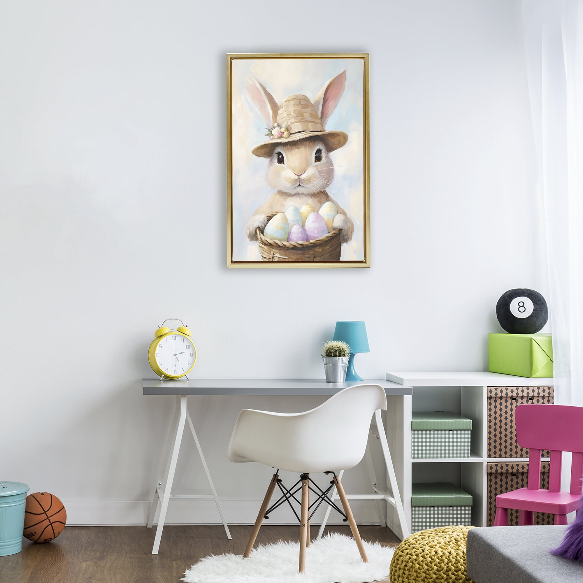 Stupell Industries Bunny with Easter Egg Basket Gold Framed Floater Canvas Wall Art, design by The Prints Vibe