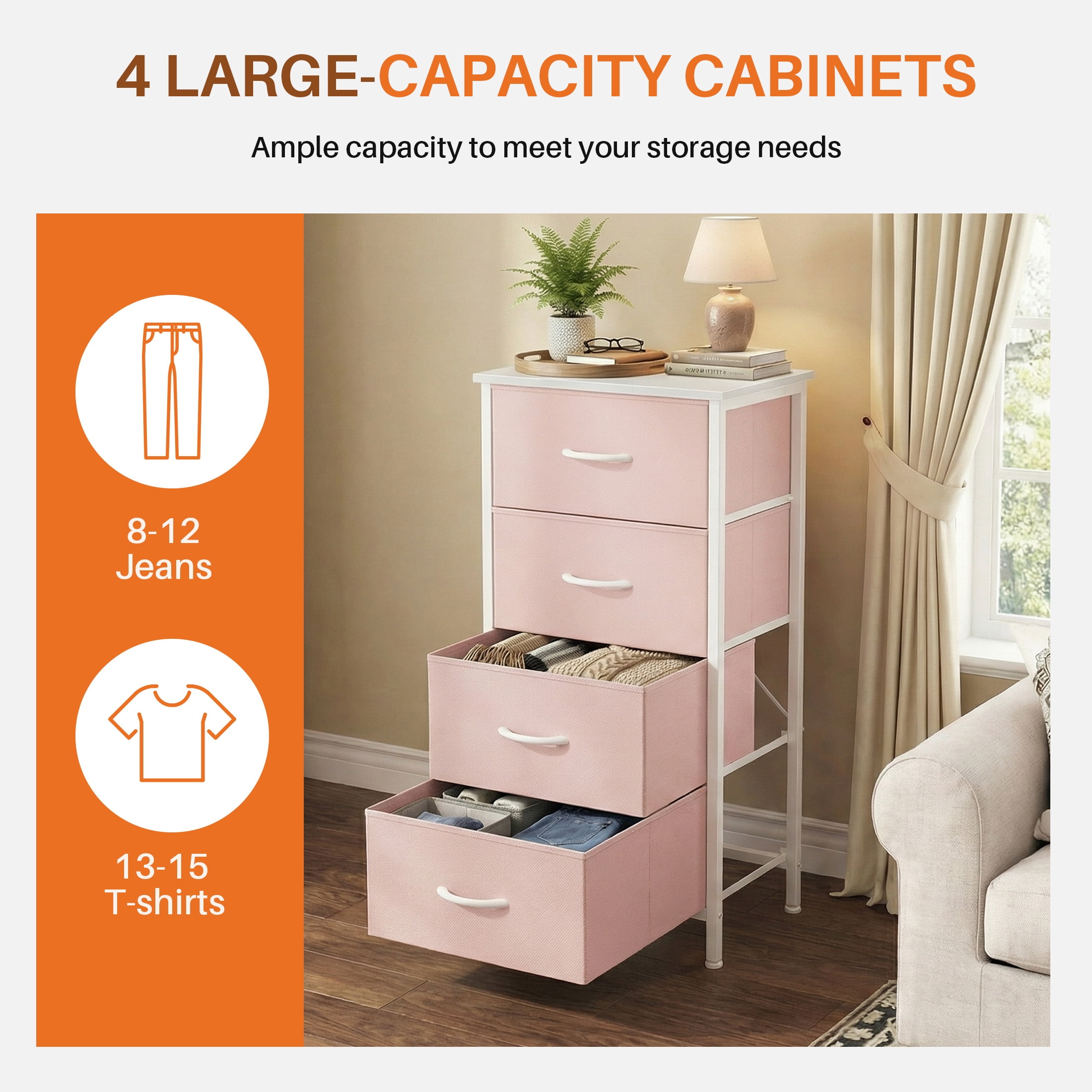 CONCETTA 4-Drawer Fabric Dresser Storage Chest for Bedroom, Closet, Storage Furniture for Adults, Pink