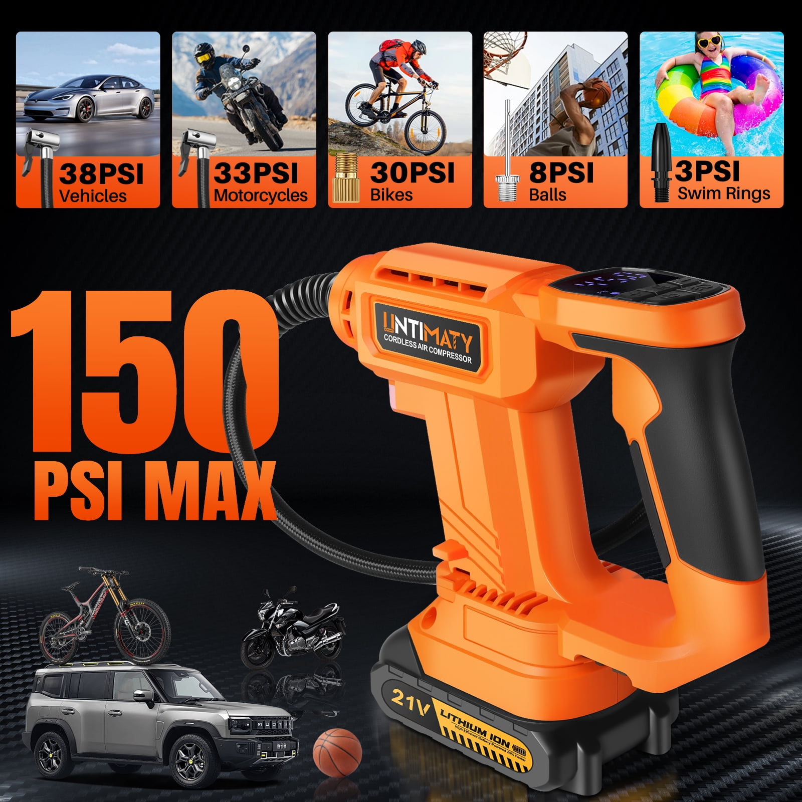 UNTIMATY Cordless Tire Inflator Portable Air Compressor, 150PSI Handheld Air Pump with 21V Rechargeable Battery, Digital Pressure Gauge for Cars Motorcycles