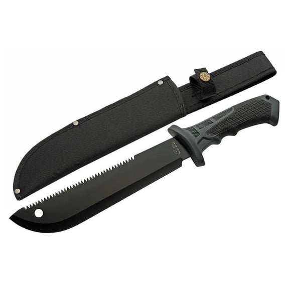 SZCO Supplies 15.25” Outdoor Utility Tool Knife 420 Stainless Steel Sawback Blade with Grip Handle, for Trail Clearing and Gardening with Nylon Sheath