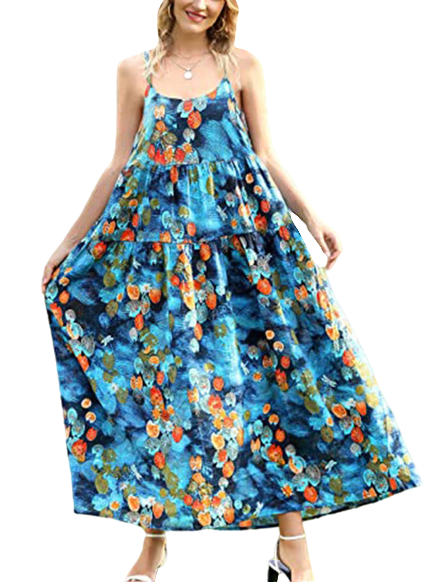 Voguele Ladies Long Dress Floral Print Summer Beach Sundress Scoop Neck ...