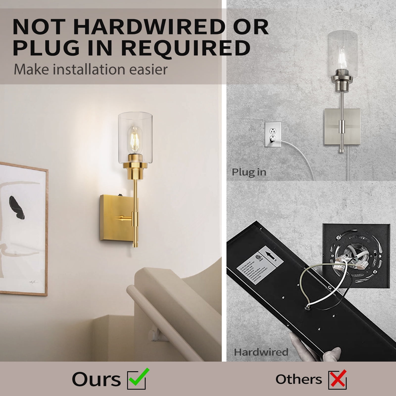HYMELA Battery Operated Wall Sconce 1 Light Fixtures Matte Gold with Clear Glass Shade Wall Lamp for Bathroom Hallway Kitchen Mirror,Bulb Included