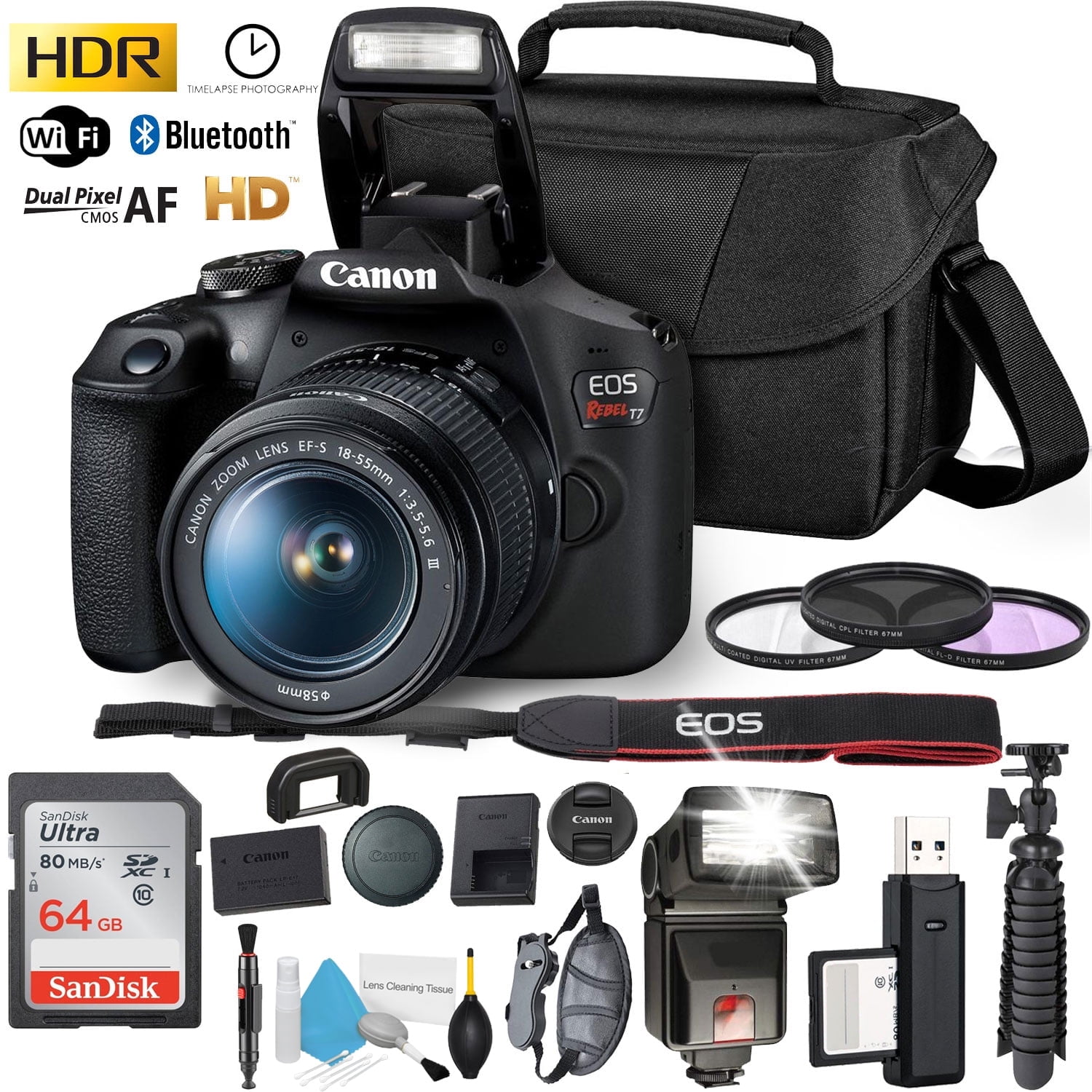Canon Rebel T7 DSLR Camera with 18-55mm DC III Lens and 64GB Ultra Speed Memory Card Case Cleaning Kit Flash and more Fully Loaded Bundle(International Model)
