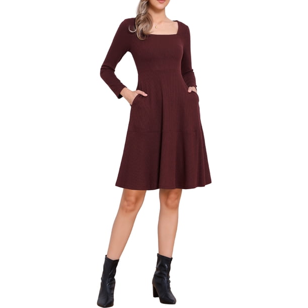 Vestidos de Otoño de Cuello Cuadrado para Mujeres, Vestido de Punto de Manga Larga en Línea A con Bolsillos, Talla XS, Rojo Profundo