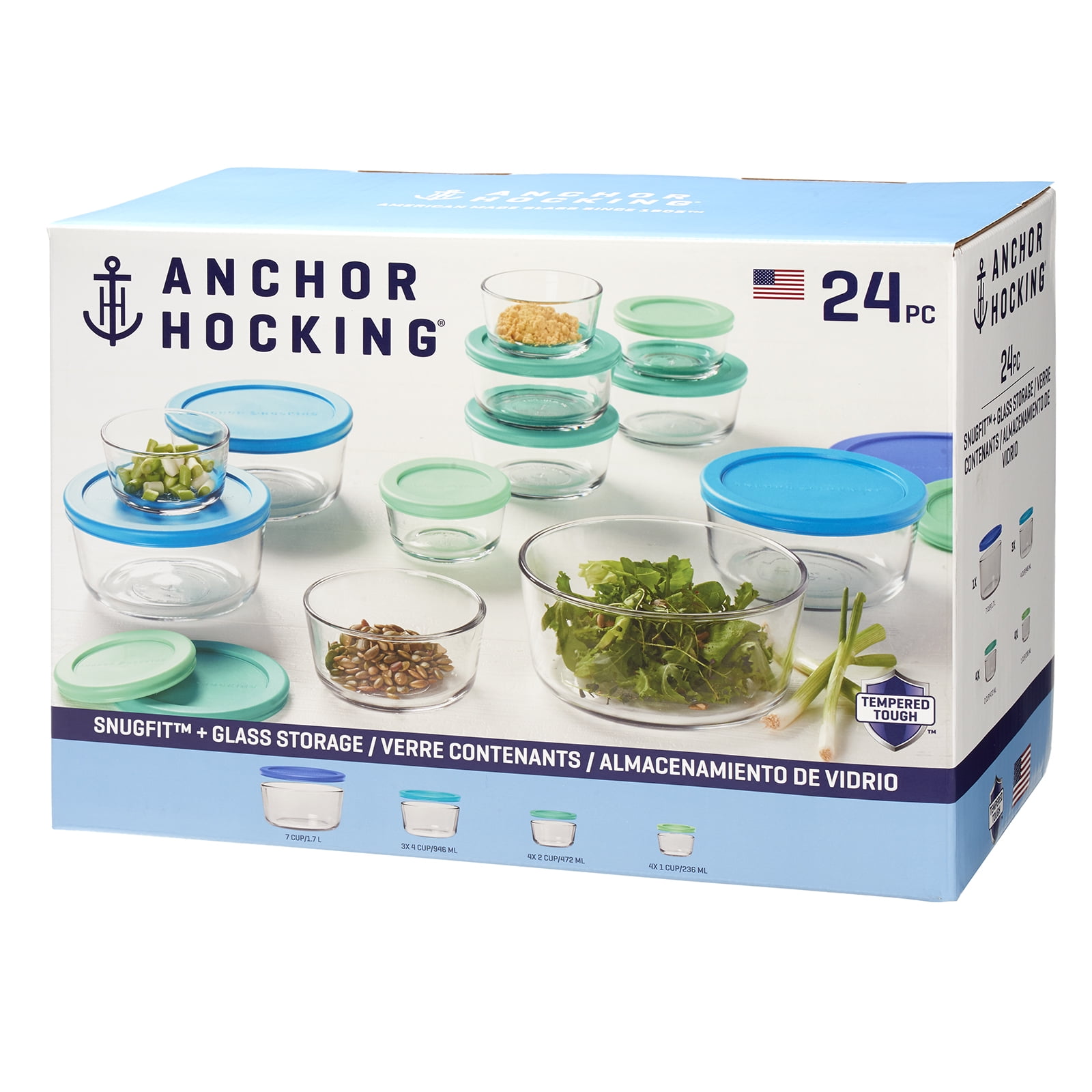 Anchor Hocking SnugFit 26 Piece Glass Food Storage Containers with Lids,  Mixed Blue