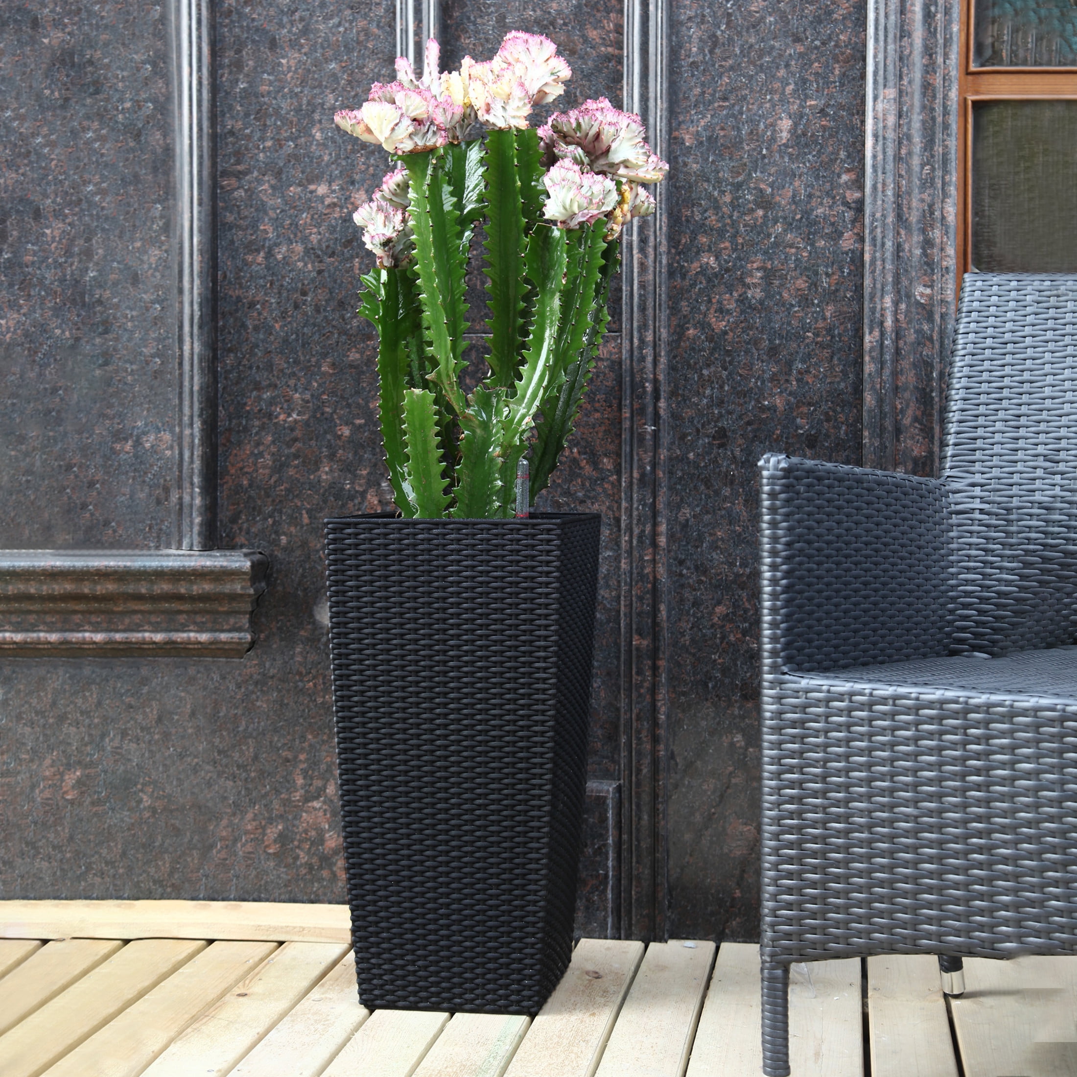 Noble House 2 Pack 22.61" Tall Square Self-Watering Planters, Faux Rattan Indoor Outdoor Flower Pots, Black