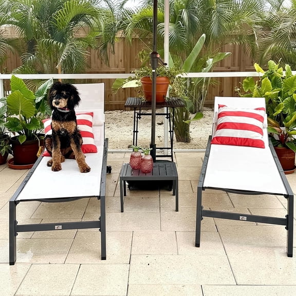 PURPLE LEAF Patio Lounger Set of 3 – Outdoor Chaise Lounge Chairs with Reclining Back, Aluminum Frame, Wheels, Side Table & Cushions – Perfect for Pool, Garden, or Backyard Relaxation,White
