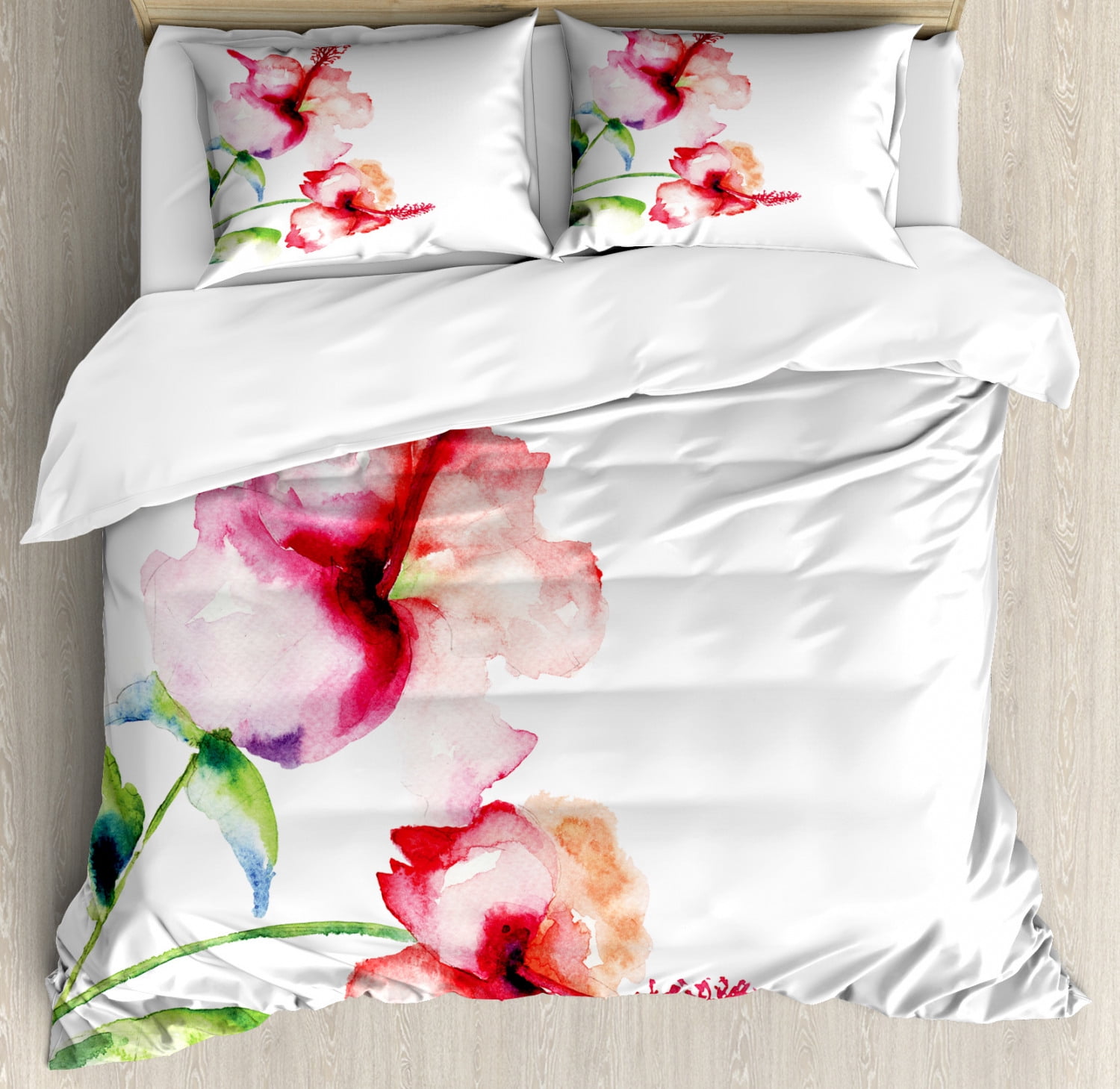 Watercolor Flower Duvet Cover Set, Hibiscus Flowers on Plain Background ...