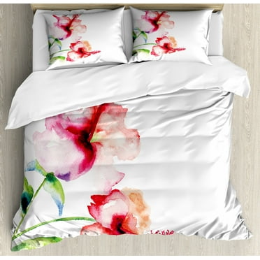 Watercolor Flower Duvet Cover Set, Hibiscus Flowers on Plain Background in Pastel Colors Nature Theme, Decorative 3 Piece Bedding Set with 2 Pillow Shams, King Size, Red White, by Ambesonne