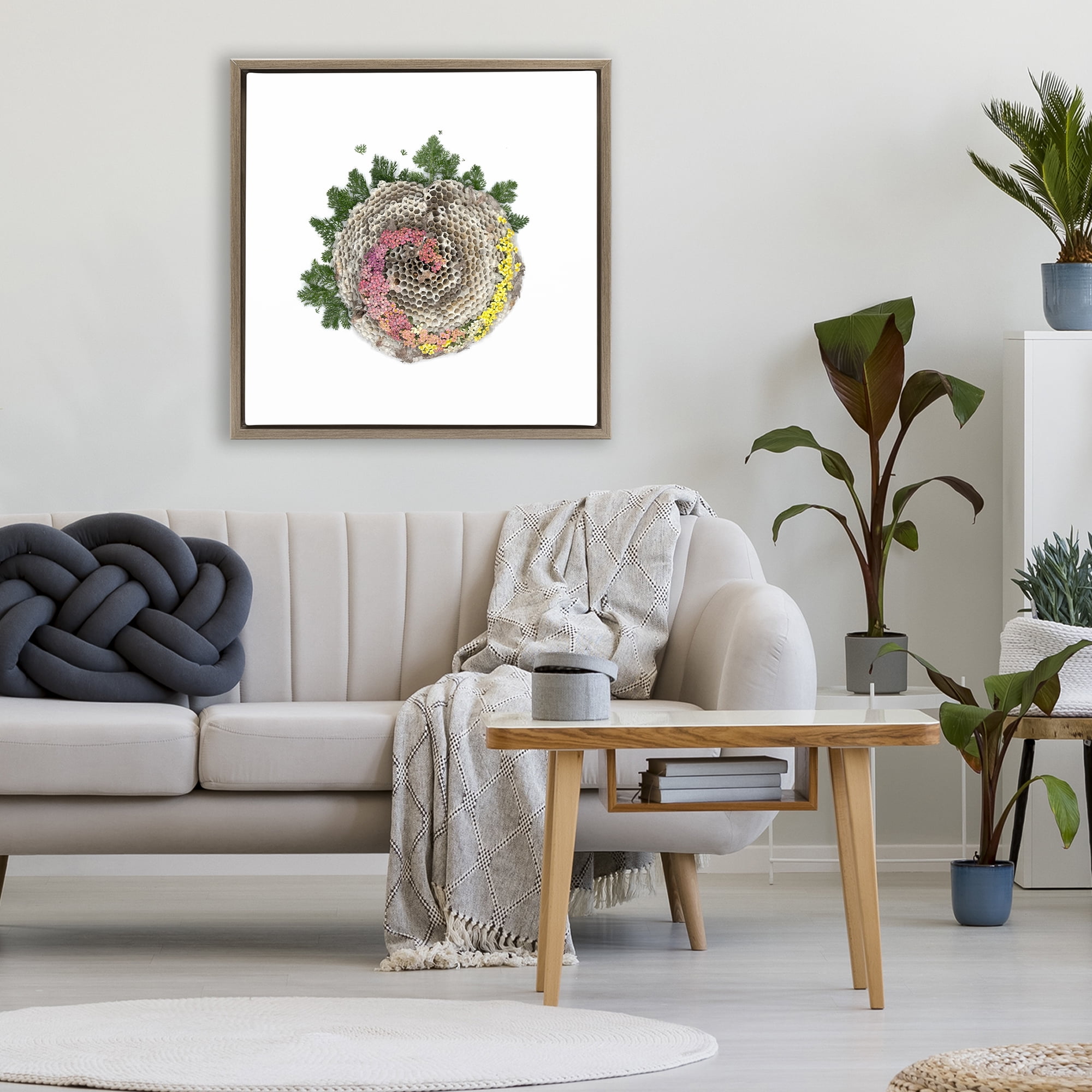 Stupell Industries Honeycomb with Botanicals Brown Framed Floater Canvas Wall Art, design by Beth Adoette