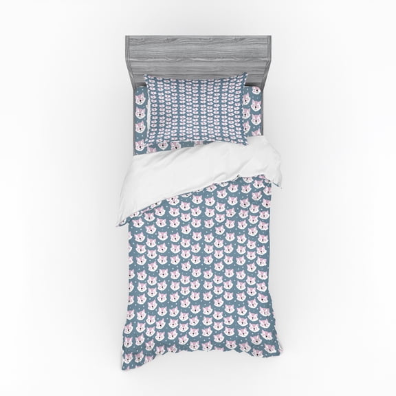 Ambesonne Fox Bedding Set 3 Pcs, Sleeping Fox Sky Stars, Twin, Slate Blue Pale Pink