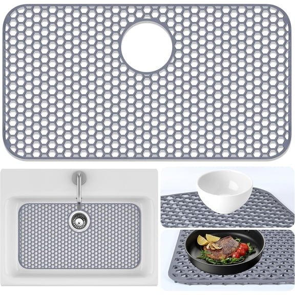 Sink Protectors Mat - 25.79"x13.98" Kitchen Sink Pad for Bottom of Basin for Protection of Stainless Steel and Tableware, Farmhouse Rubber Basin Mat Protector with Center Drain