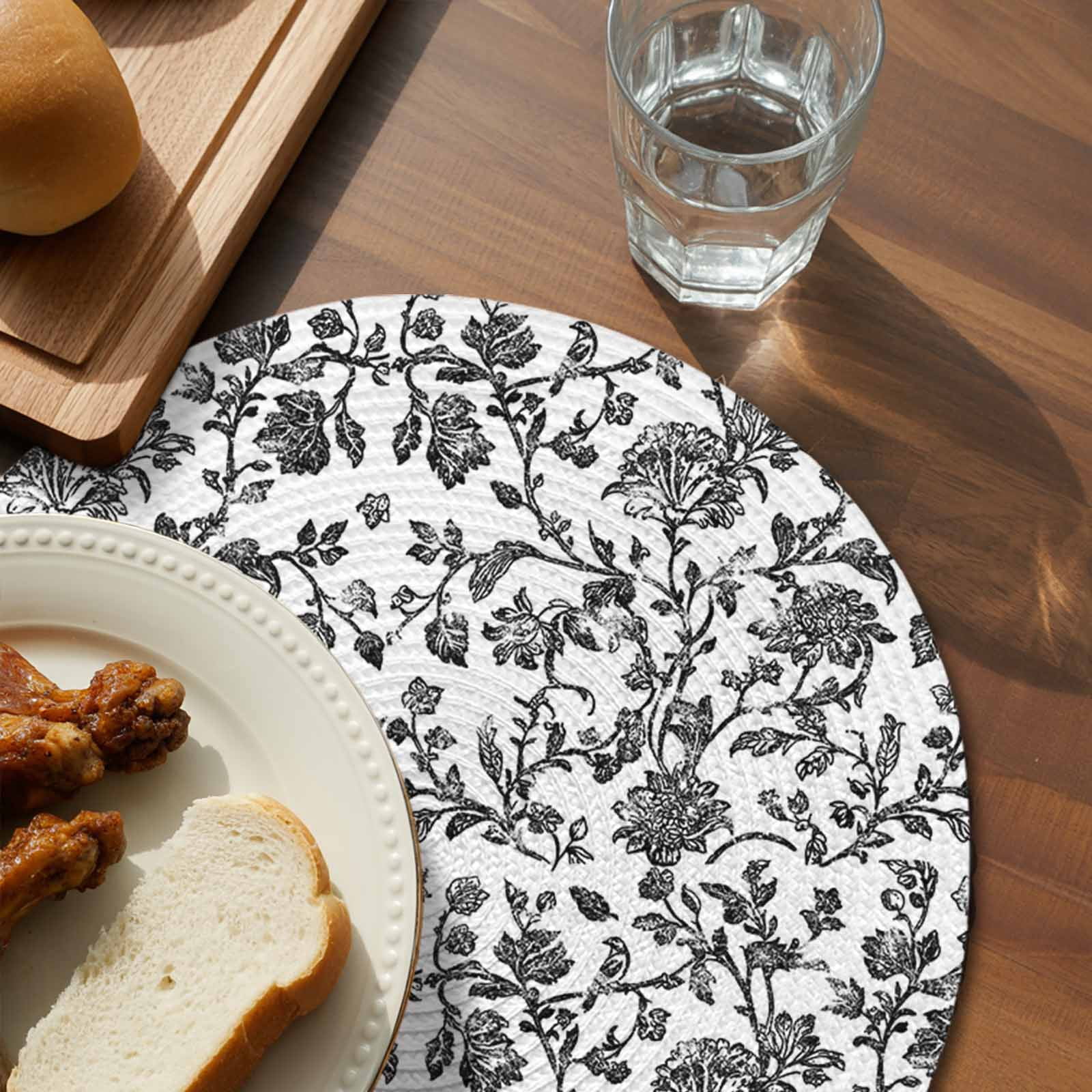 Black Flower Round 13 Inch Placemats Set of 4, Vintage Farmhouse Boho Leaf Spring Plant HeatResistant Non Slip Place Mats for Dining Table, Wipeable Braided Kitchen Table Mats for Housewarming