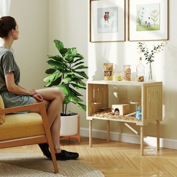 PawHut Wooden Hamster Cage with Legs, Gerbil Cage with Seesaw, Hut, Water Bottle & Food Dish, Hamster Habitat for Syrian, Dwarf, Mouse, Nature Wood