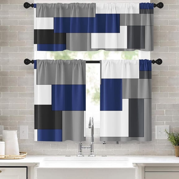 Kitchen Curtains Sets for Windows, 52x39 Inch 3 Pack Geometric | Abstract Modern Checkered Rod Pocket Cafe Curtain Drapes for Living Room Bedroom Bathroom Kitchen Over Sink Decor