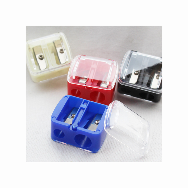 4pcs Bulk Dual Holes Plastic Geometric Shape Cosmetic Pencil Sharpeners with Cover Manual Large Eyebrow Pencil Cutter Mini Pocket Pencil Sharpener Accessory (Red+White+Blue+Black)