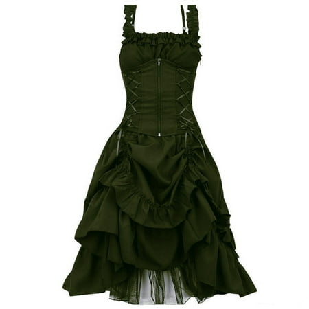 

Inkach Ladies Summer Sleeveless Gothic Style Dark Drawstring Waist Solid Color Dress