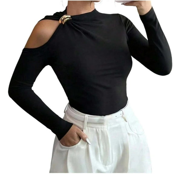 Women Turtleneck Cut Out Cold Shoulder Tee Tops Long Sleeve Slim Fit Casual Basic T Shirt Going Out Fall Outfits 2025 Black M
