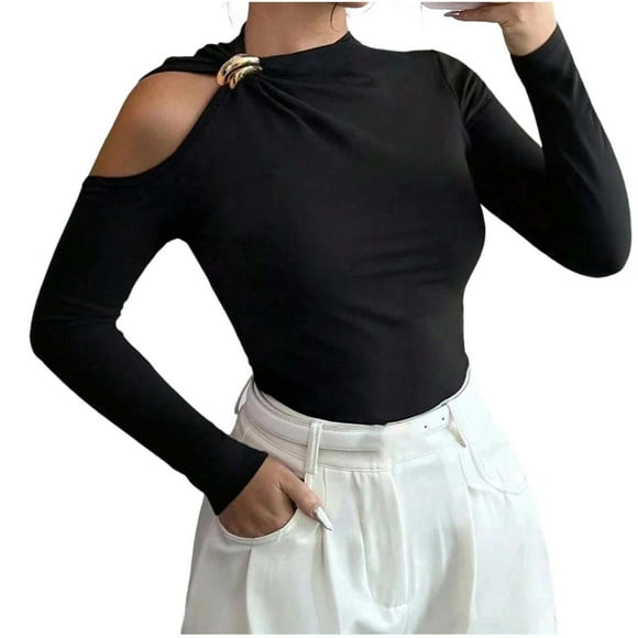 HongQid Women's One Off The Shoulder Tops Asymmetrical Neck Clothes Long Sleeve Shirt Slim Going Out Top