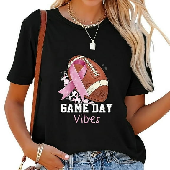 Womens Game Day Vibes Pink Football Breast Cancer Awareness Month Short Sleeve T Shirt Black