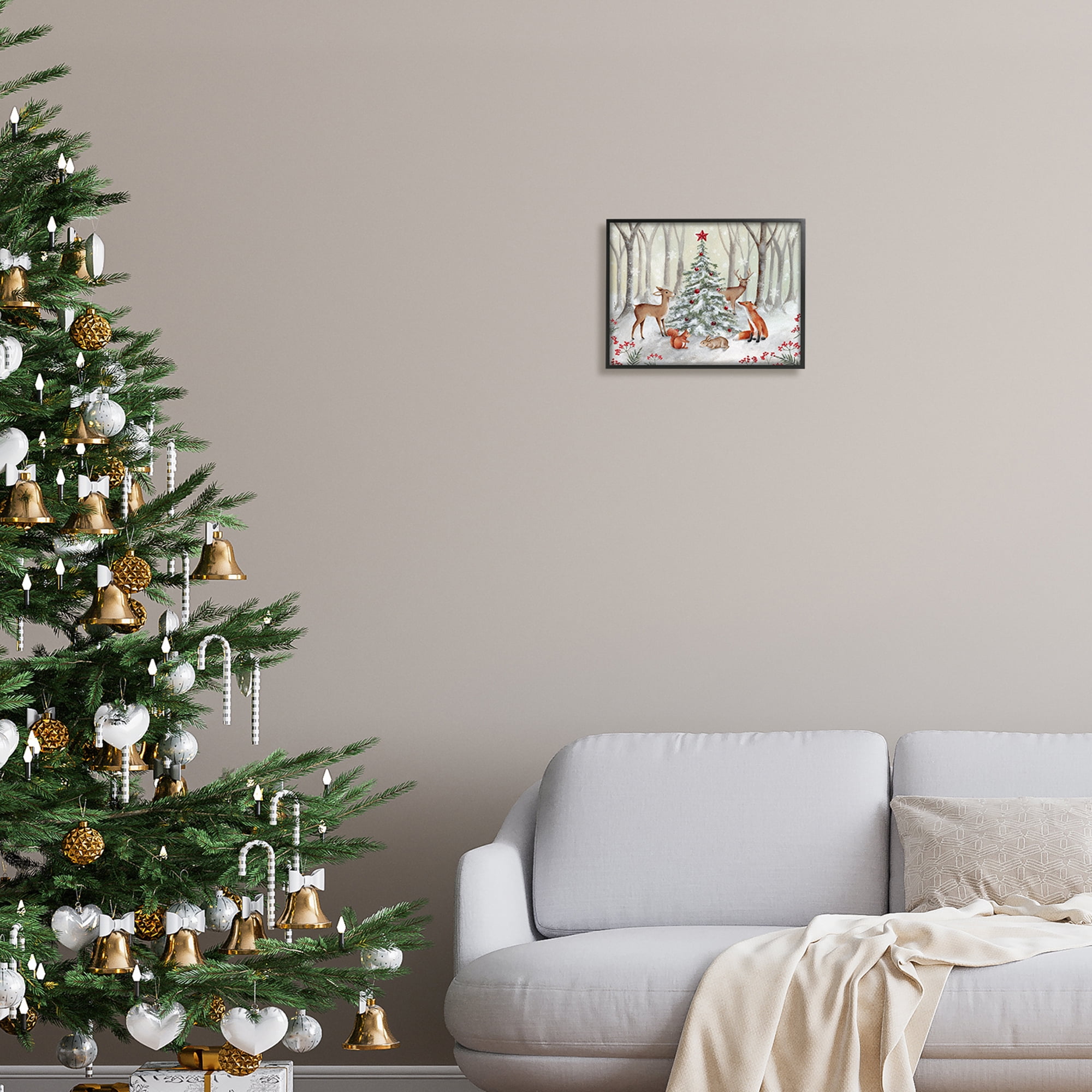 Stupell Industries Forest Animals & Christmas Tree Holiday Painting Black Framed Art Print Wall Art, 14 x 11