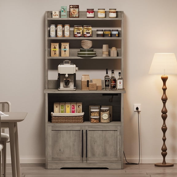 Kselythan Coffee Bar Cabinet,Microwave Stand Bakers Rack Cabinet with Power Outlet and Storage,Thickened Counter,Farmhouse Bakers Rack Kitchen Cabinet,Freestanding Kitchen Bakers Rack with Storage