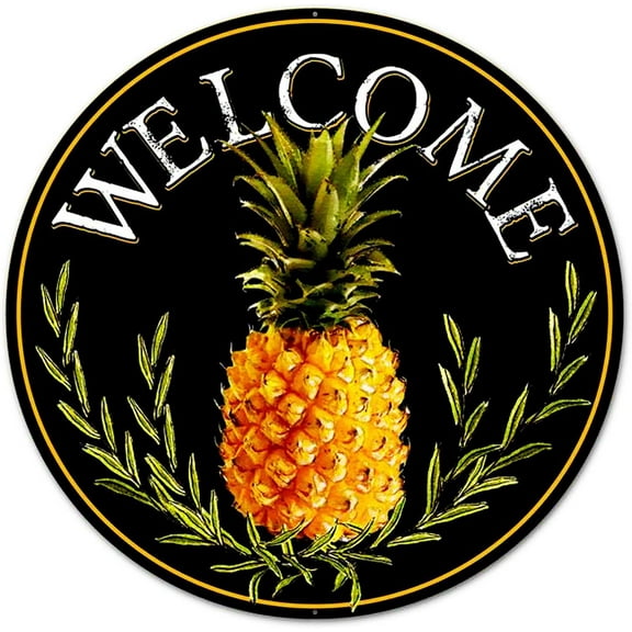 Welcome Metal Tin Sign Farmhouse Vintage 12" Round Metal Sign: Welcome Pineapple Wall Door Hanger Decor