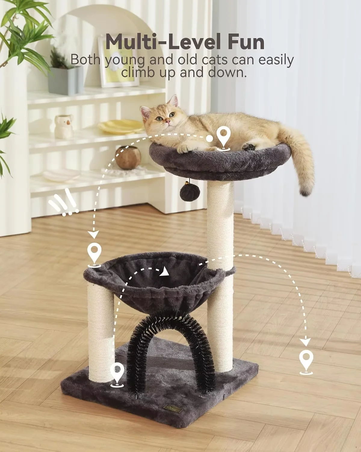 FluffyDream Small Cat Tree Tower for Indoor Cats, 5-in-1 27.8" Multi-Level Cat Tree with Scratching Posts, Plush Hammock, Perch, Self Groomer Brush, Dangling Ball for Kittens/Small Cats Play &Rest