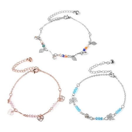 Set of 3 Anklet Beads Multi Color Glass Rosetone White Crystal Jewelry for Women