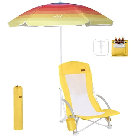 Nice C Beach Chair, Beach Chairs for Adults with Umbrella and Cooler, High Back, Cup Holder & Carry Bag & Heavy Duty Compact Outdoor, Camping (One Yellow)