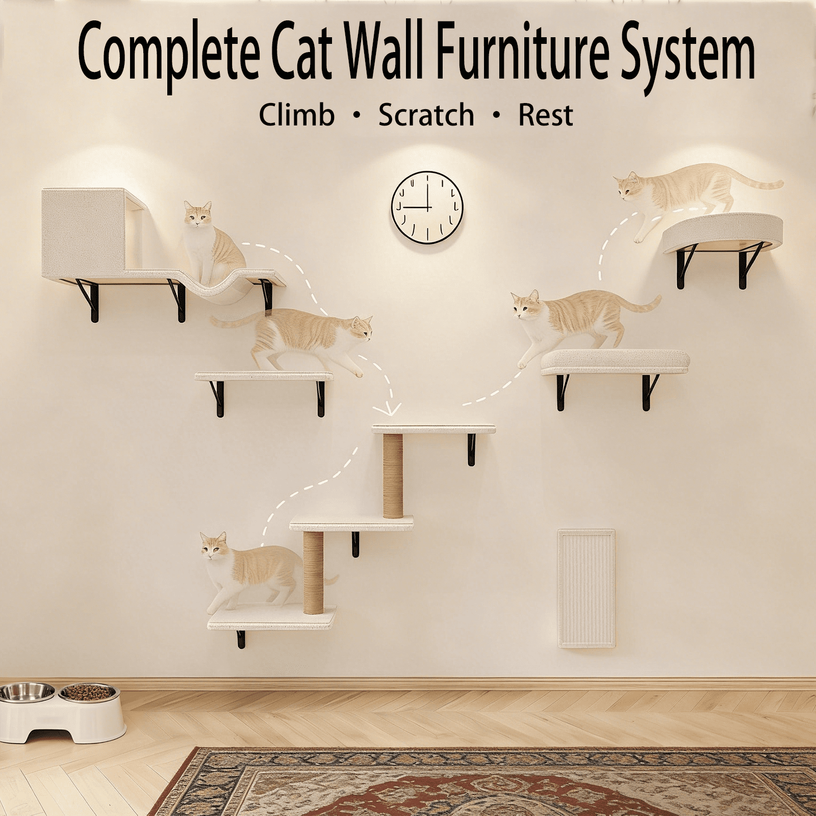 MIUZMORE Cat Wall Shelves, 10-Piece Complete Cat Wall Furniture System with Perches and Scratching Posts, Stable Floating Climbing Set for Large Indoor Cats, Space Saving Kitty Furniture