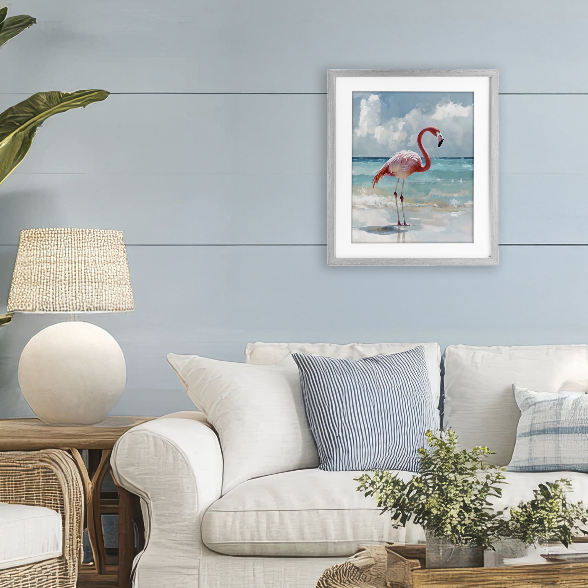 Stupell Industries Flamingo At Shore Gray Framed Print Under Glass, design by The Prints Vibe