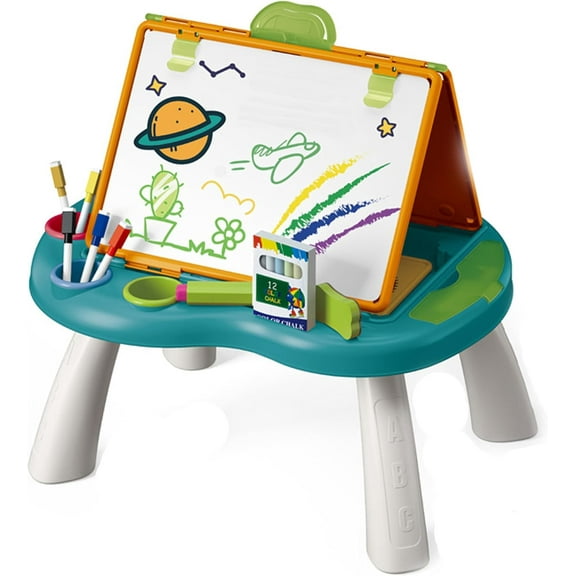Kids Easel for Two, Magnetic Dry Erase Board and Chalkboard Drawing Station Set for Children Boys Girls (Blue Green)