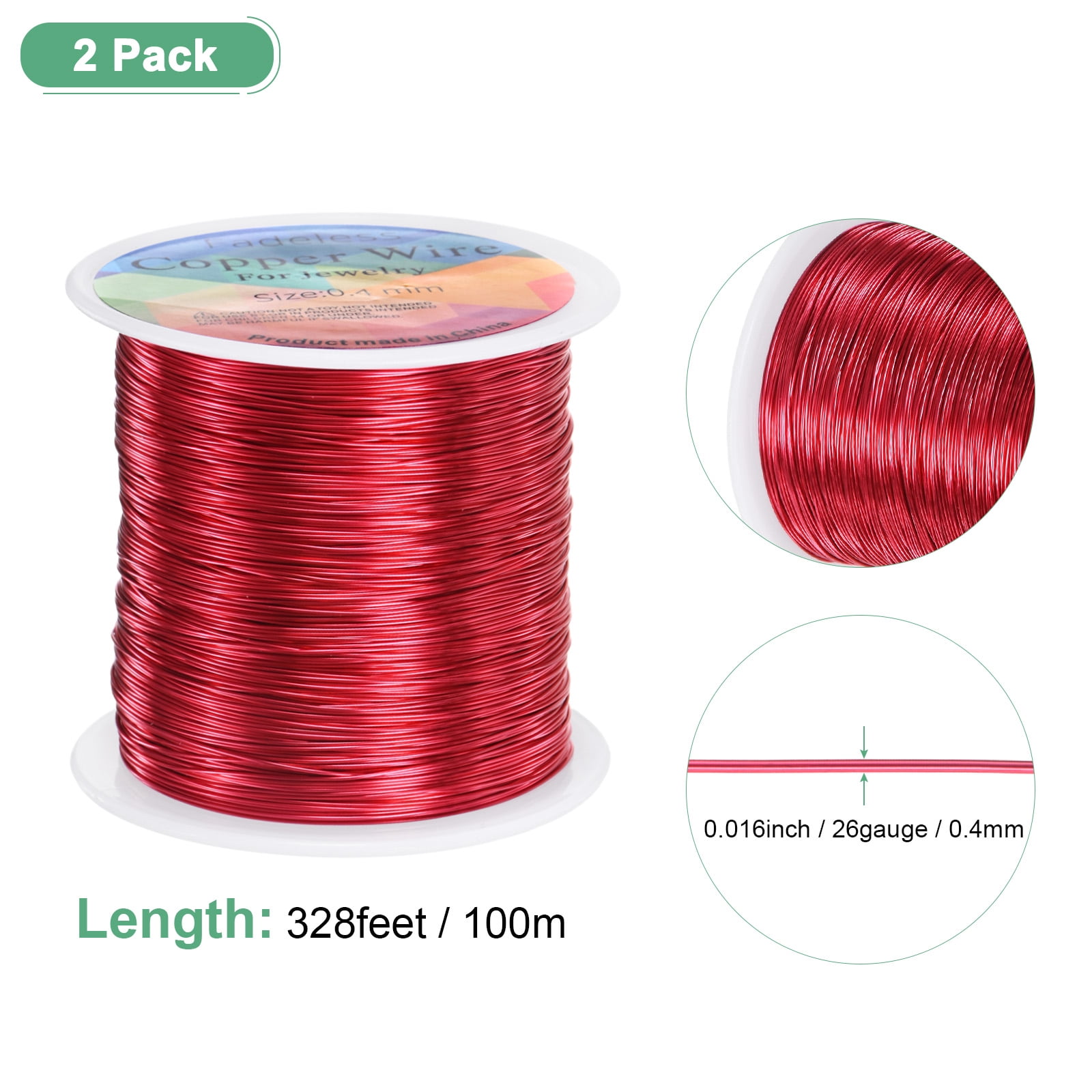 Uxcell 2 Rolls 0.4mm Jewelry Wire 26 Gauge 328FT Copper Beading Wire Jewelry Making Planting Weaving DIY 100M Red