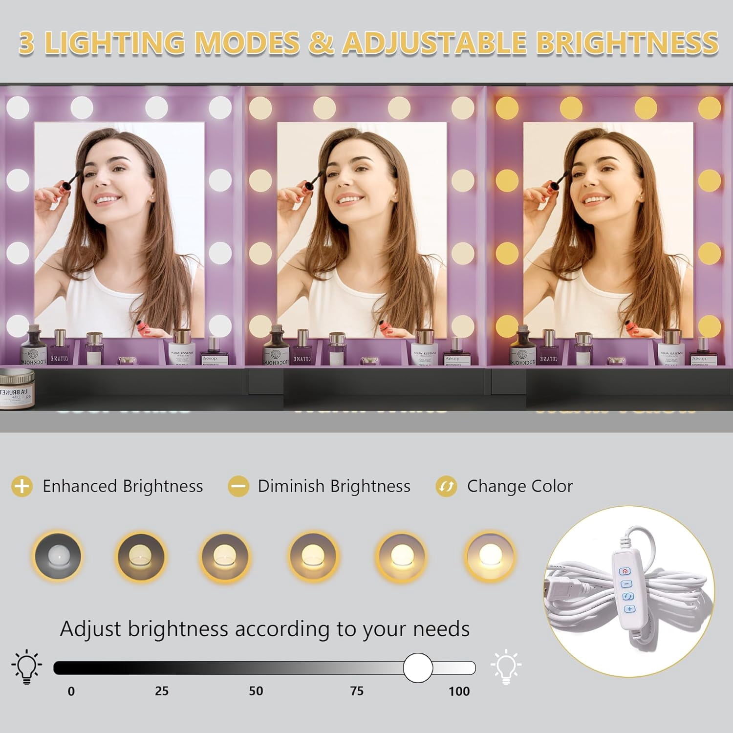 FANRAL 43.7" Vanity Desk with 10 Mirror Lights & Under-Table RGB,Charging Station & Hair Dryer Holder,Multi-Storage Dressing Table for Bedroom Bathroom,Purple Vanity