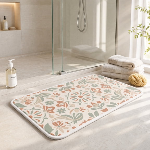 40 x 75 cm Rectangular Faux Diatomite Bath Mat, 2.5 cm Thick Botanical Floral Bathroom Floor Rug with Rounded Corners, Sage Green and Terracotta Decorative Mat for Shower Exit, Bathtub, Sink, Vanity