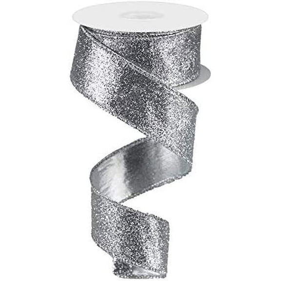 Glitter on Metallic Wired Edge Ribbon, 1.5" x 10 Yards Silver