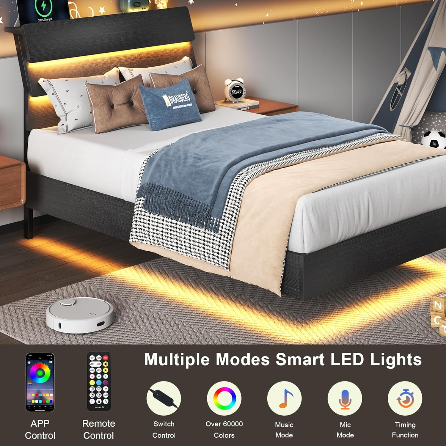 Honfach Floating twin Size Bed Frame with LED Lights & Charging Station, Platform Bed with Wooden Storage Headboard, Black.