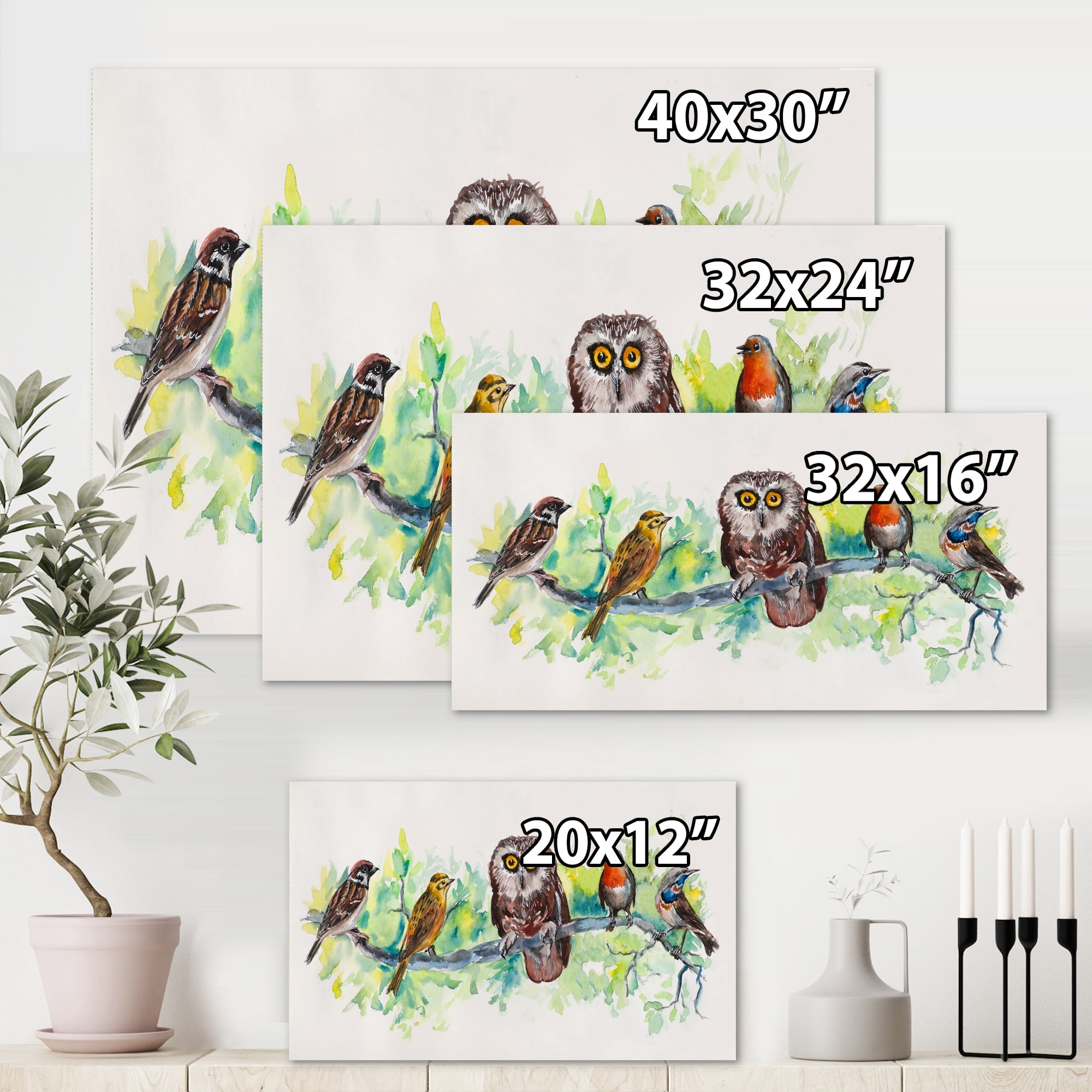 Designart ' Bird Friends With Owl On A Branch ' Traditional Canvas Wall Art Print